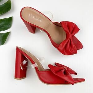 Illude Rosa Heels Red Big Bow Clear Strap Sandals Faux Leather Shoes Women's 8